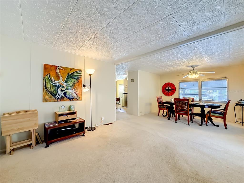 A living and dining area features a textured ceiling, beige carpeting, and a wall painting — 4676 66TH LANE N UNIT 20, ST PETERSBURG, FL