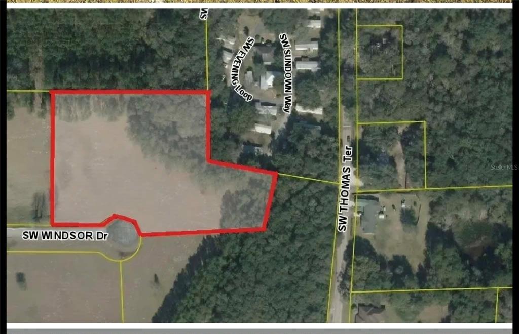 An aerial map shows a property boundary outlined in red near SW Windsor Drive — SW WINDSOR COURT, LAKE CITY, FL