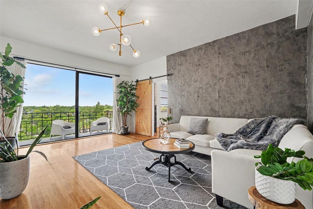 A living room features a textured gray accent wall, a sliding barn door, and balcony access — 2109 BAYSHORE BOULEVARD UNIT 609, TAMPA, FL