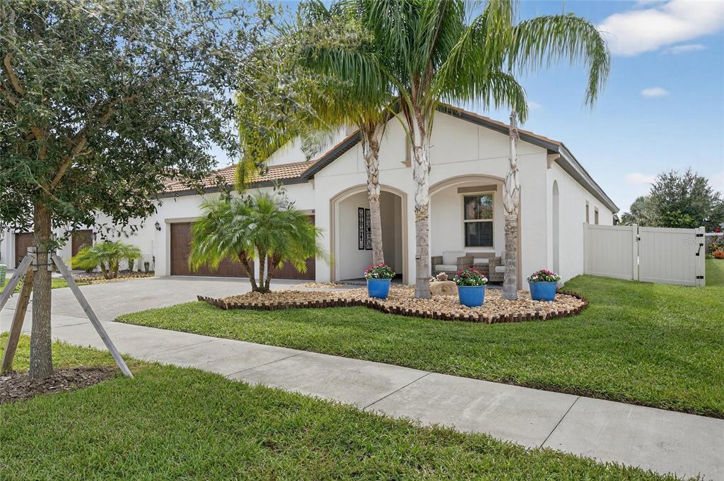 A single-story house with a white stucco exterior, a tile roof, and a palm-lined entryway — 16805 BANNER SHELL PLACE, WIMAUMA, FL