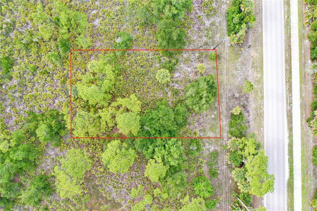 An aerial view shows a rectangular plot of land outlined in red near a road — 3129 COLLINGSWOOD BOULEVARD, PORT CHARLOTTE, FL