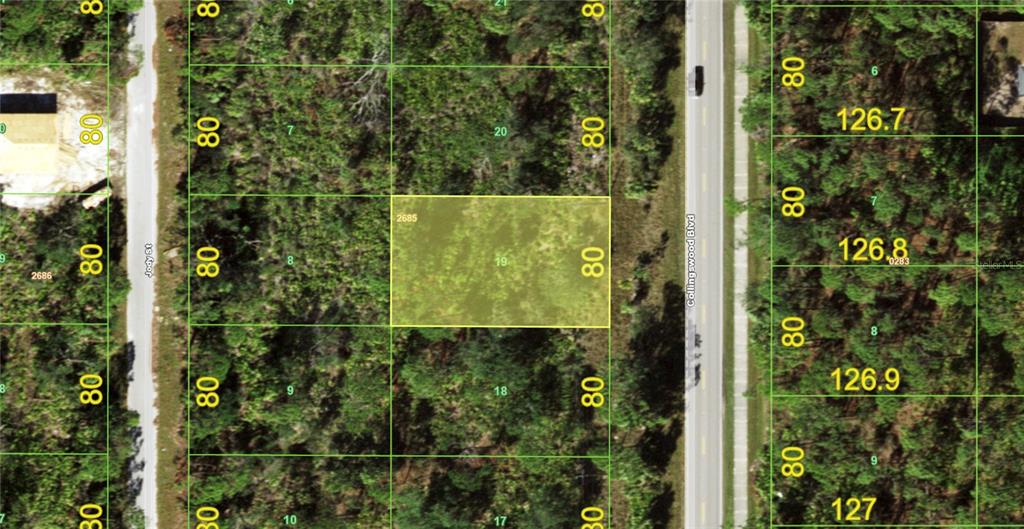 This is a satellite map view showing a highlighted rectangular plot of land — 3129 COLLINGSWOOD BOULEVARD, PORT CHARLOTTE, FL