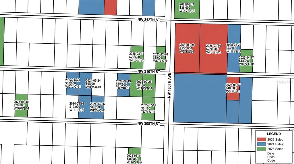 This map displays color-coded real estate sales data for individual land parcels — 16062 NW 310TH STREET, OKEECHOBEE, FL