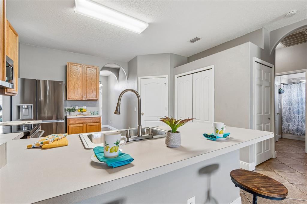 A kitchen island with a sink and two mugs sits in front of light-colored cabinets — 27211 LIRIOPE COURT, WESLEY CHAPEL, FL