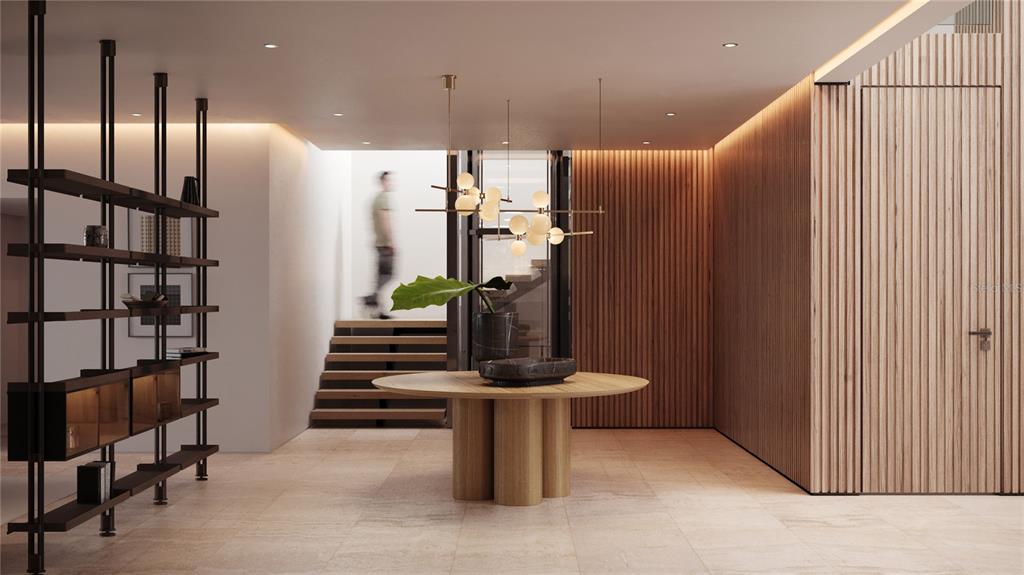 This rendering shows a modern foyer with a round wooden table, shelving, and slatted walls — The Grove 11E CARRION COURT, SAN JUAN, PR