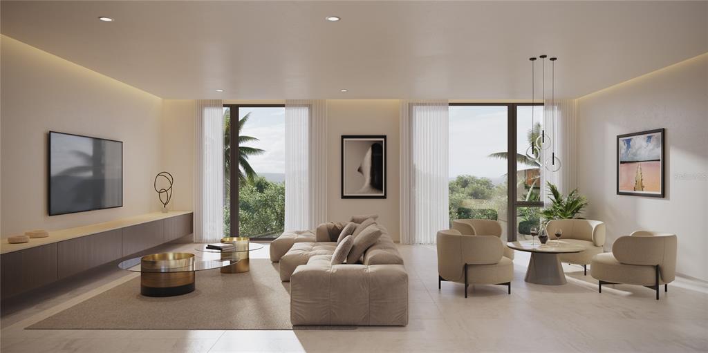 This rendering shows a modern living room with a large sectional, armchairs, and floor-to-ceiling windows — The Grove 11E CARRION COURT, SAN JUAN, PR