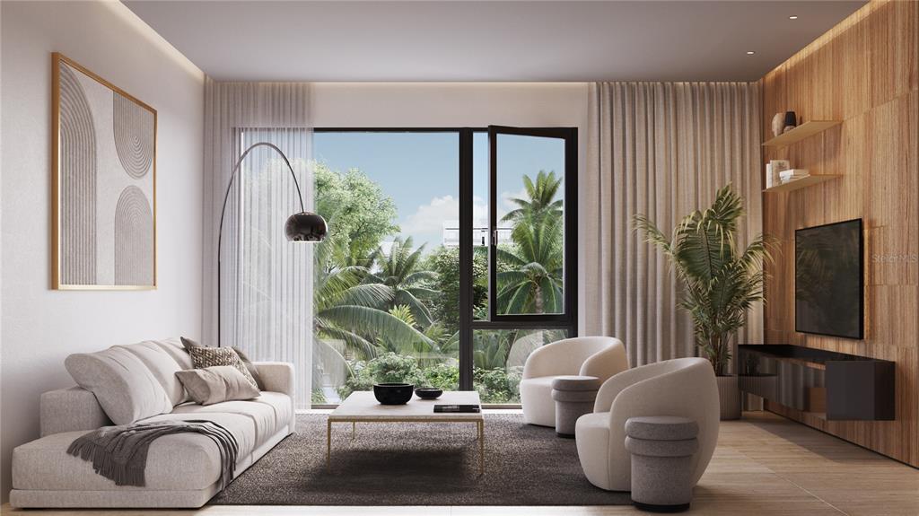 This rendering shows a modern living room with a sofa, armchairs, and floor-to-ceiling windows — The Grove 11E CARRION COURT, SAN JUAN, PR