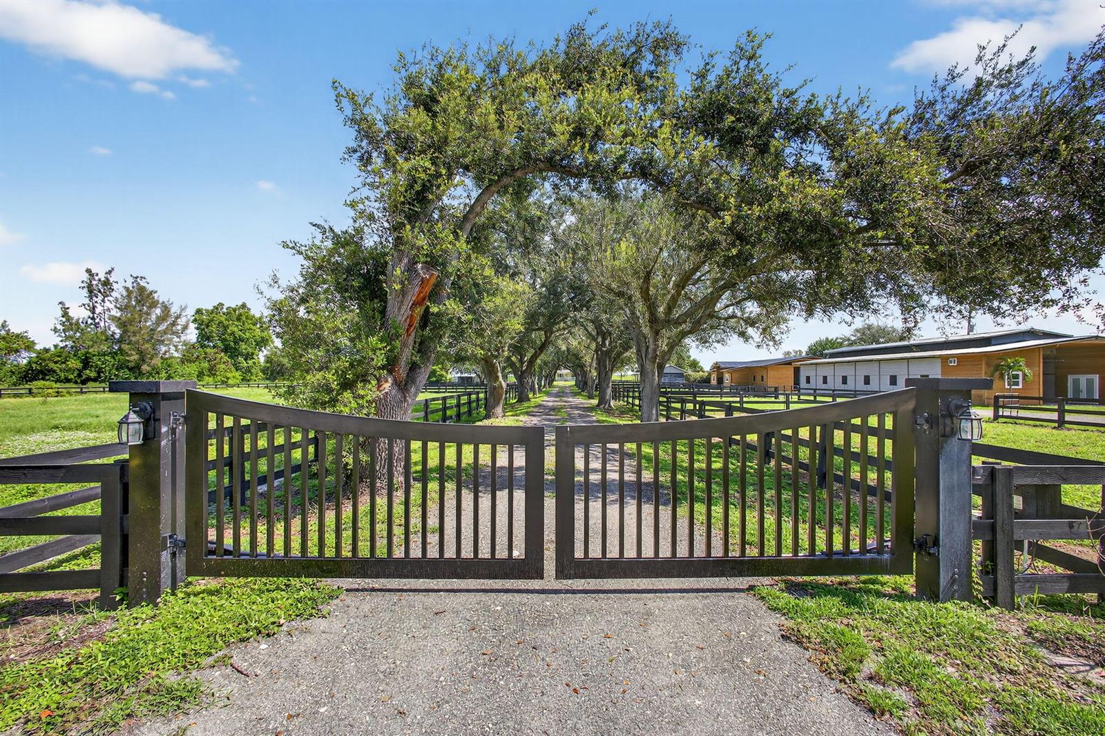 A black metal gate opens to a tree-lined gravel driveway leading toward a horse stable — 16229 Rustic Rd Road, Wellington FL 33470, WELLINGTON, FL