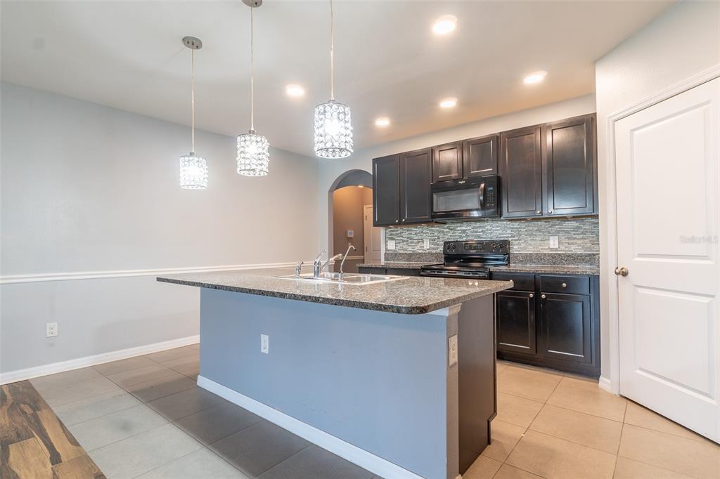 A kitchen features dark cabinets, granite countertops, a central island, and three hanging pendant lights — 10662 PARK MEADOWBROOKE DRIVE, RIVERVIEW, FL