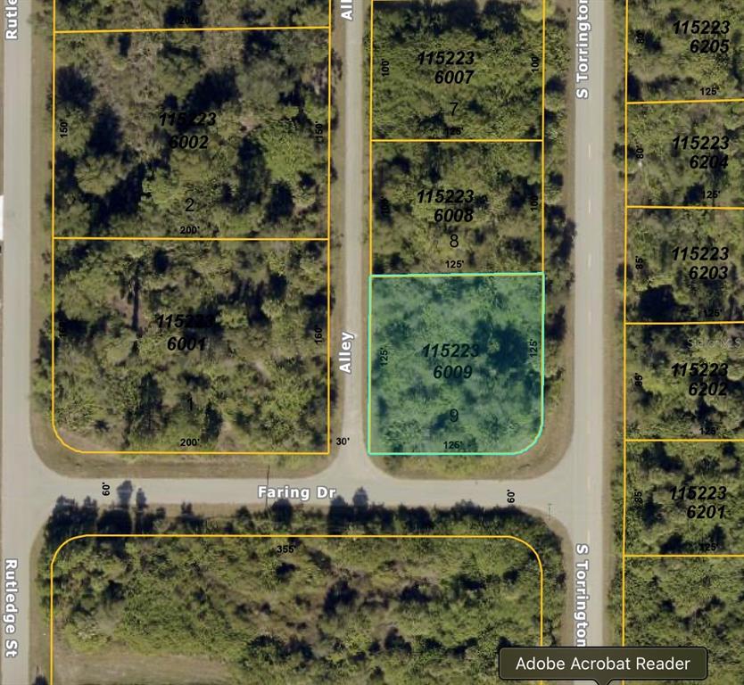 This is a satellite map showing a vacant residential lot highlighted in light blue — S TORRINGTON STREET, NORTH PORT, FL