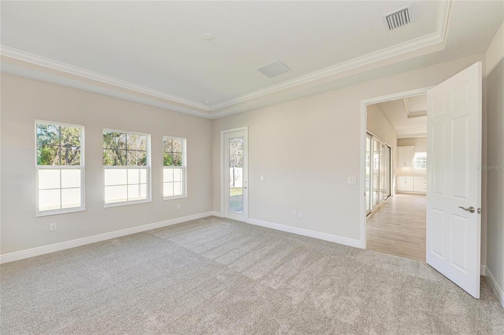 A carpeted room features a tray ceiling, three windows, a glass door, and an open doorway — 13068 HOMESTEAD LANE, PARRISH, FL