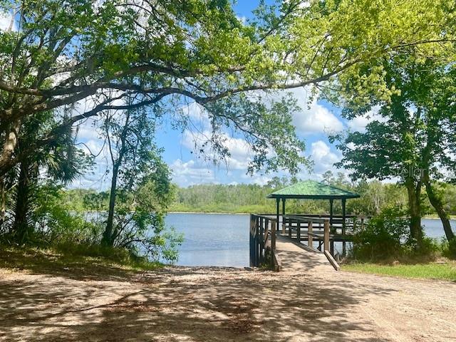 A wooden dock with a covered gazebo extends into a lake surrounded by lush trees — VISTA STREET, LAKE HELEN, FL
