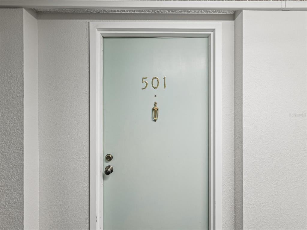 A light blue apartment door labeled 501 with a brass knocker and handle — 255 DOLPHIN POINT UNIT 501, CLEARWATER BEACH, FL