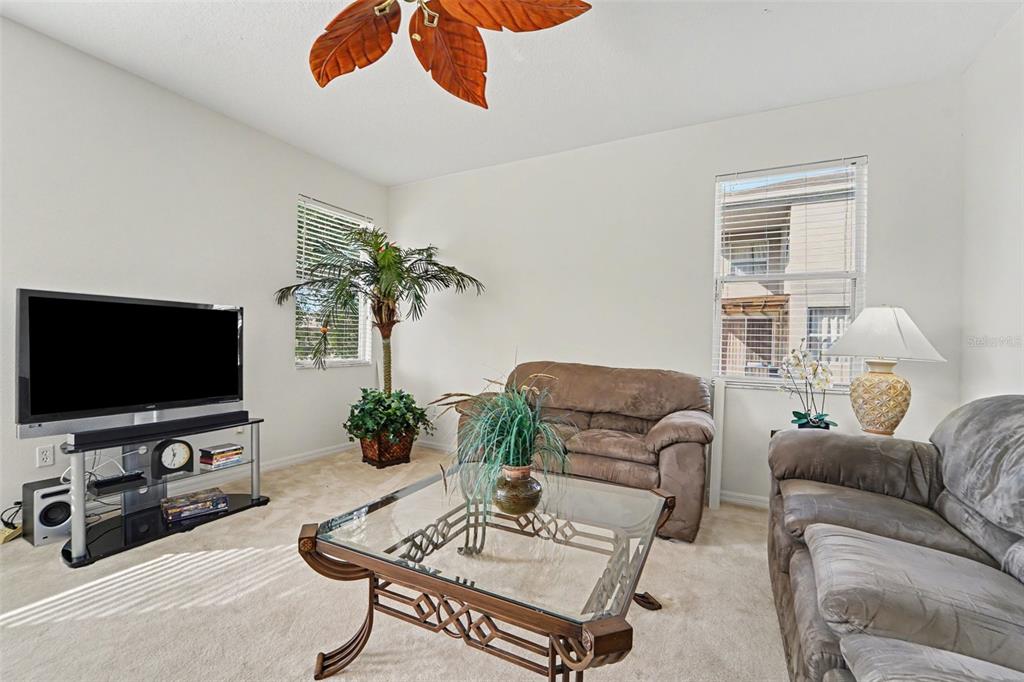 A living room features beige carpet, two brown sofas, a glass coffee table, and television — 1316 BLUE MARLIN BOULEVARD, HOLIDAY, FL