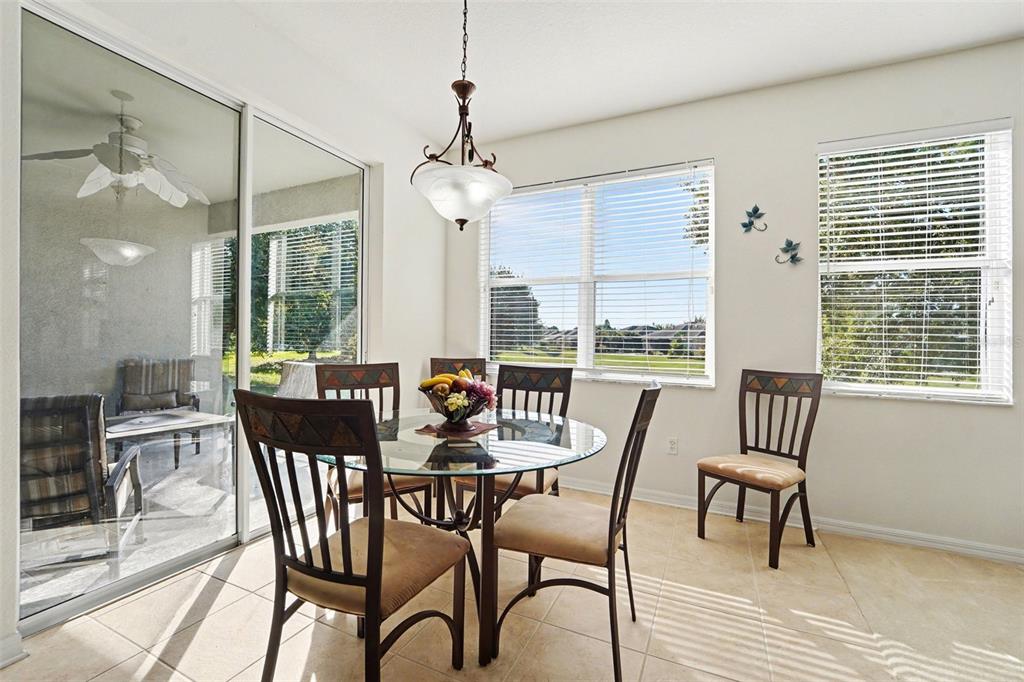 A dining area features a glass-topped table, four chairs, a chandelier, and sliding glass doors — 1316 BLUE MARLIN BOULEVARD, HOLIDAY, FL