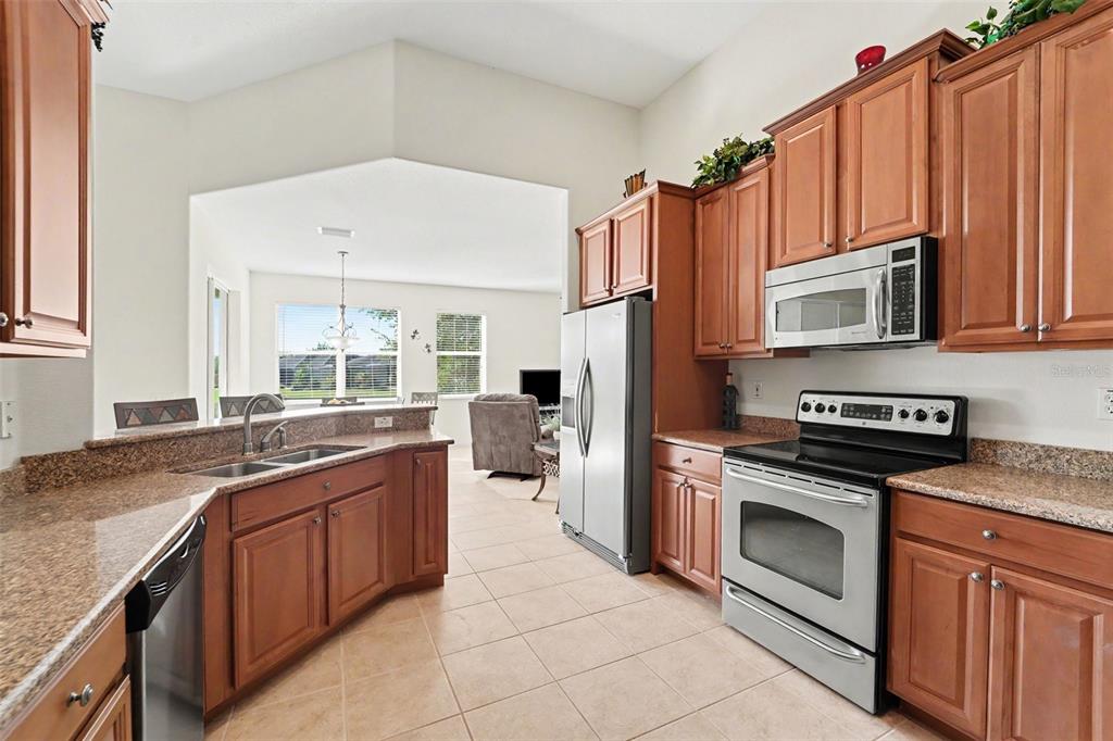 A kitchen with wood cabinets, granite countertops, and stainless steel appliances opens to a living area — 1316 BLUE MARLIN BOULEVARD, HOLIDAY, FL