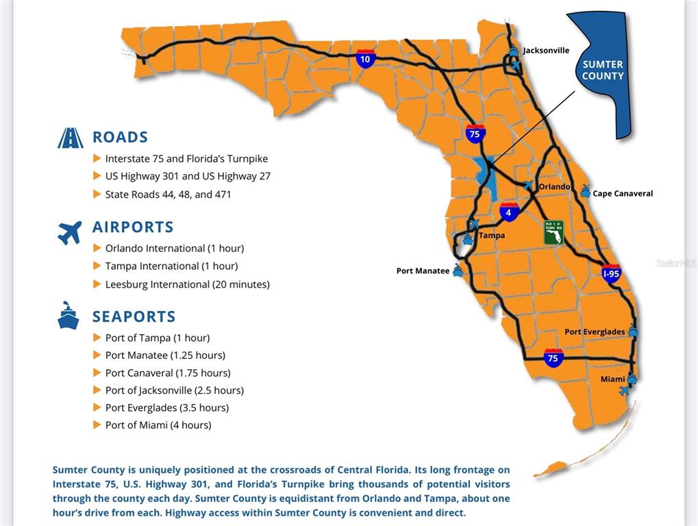 This map of Florida highlights the location and transportation accessibility of Sumter County — 3070 SR-50, WEBSTER, FL