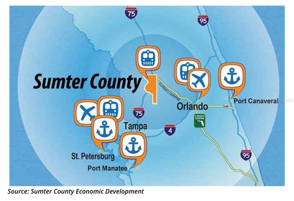 This map shows Sumter County, Florida, in relation to nearby cities, highways, and transportation hubs — 3070 SR-50, WEBSTER, FL
