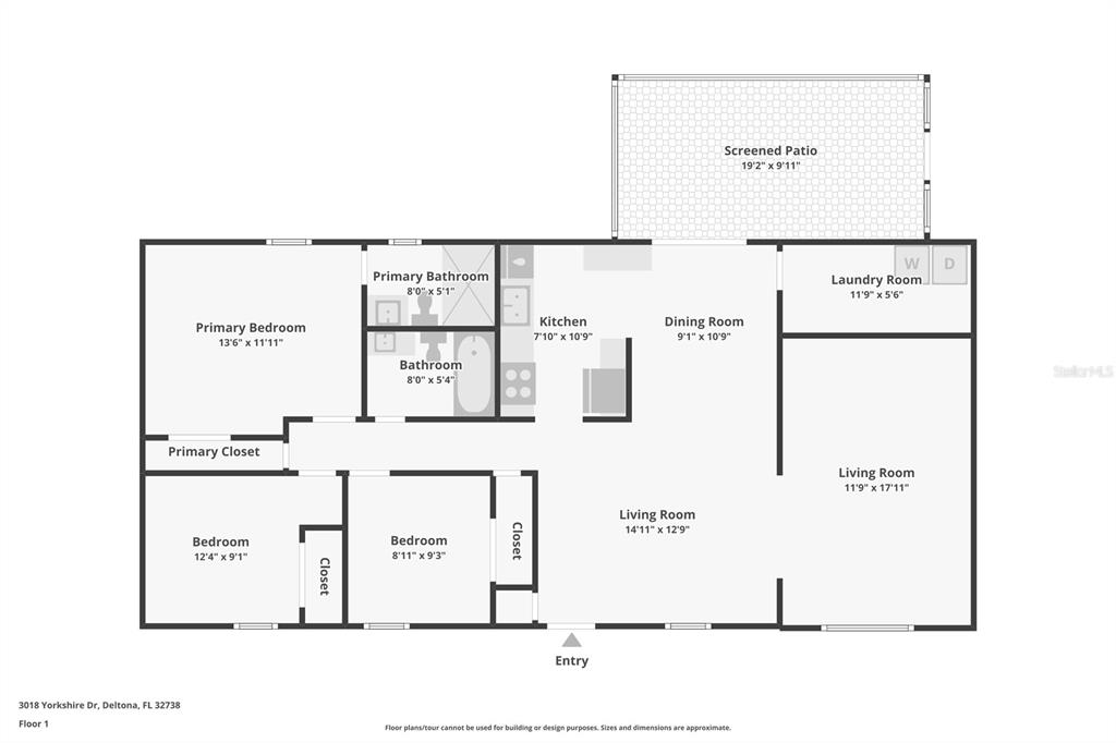 This is a floor plan of a single-story house with three bedrooms and two bathrooms — 3018 YORKSHIRE DRIVE, DELTONA, FL