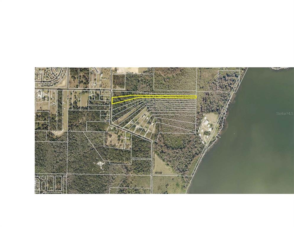 This is an aerial map showing a parcel of land highlighted in yellow — SUNNYSIDE DRIVE Lot 12, LEESBURG, FL