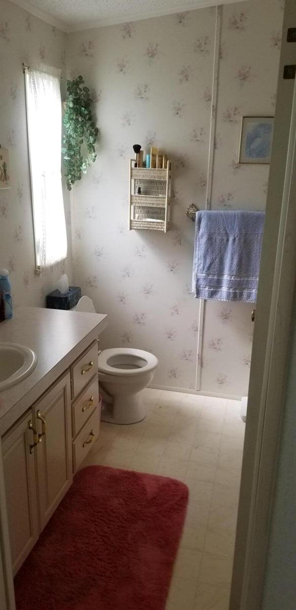 A bathroom with floral wallpaper, a vanity, a toilet, and a pink bath mat — 14578 Glenview Drive, Delray Beach FL 33445, DELRAY BEACH, FL