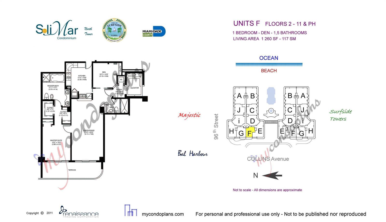 This floor plan shows a one-bedroom, one-and-a-half-bathroom unit with a den and terrace — 9595 Collins Avenue # 8f, Surfside FL 33154, SURFSIDE, FL