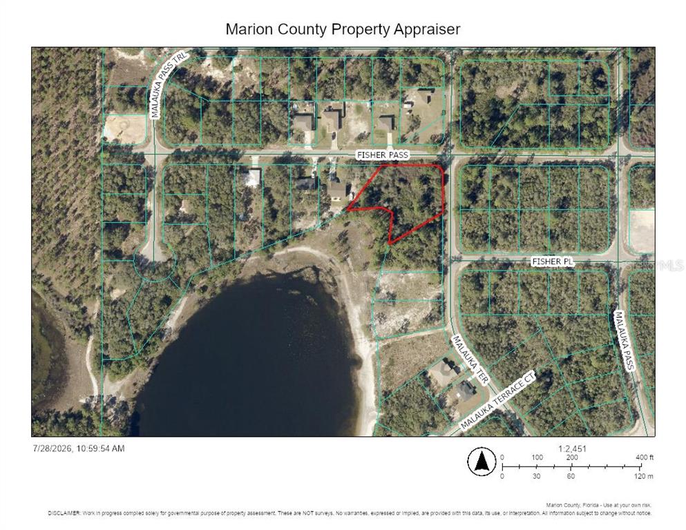 This is a property appraiser map showing a highlighted parcel of land near a lake — TBD MALAUKA TERRACE, OCKLAWAHA, FL