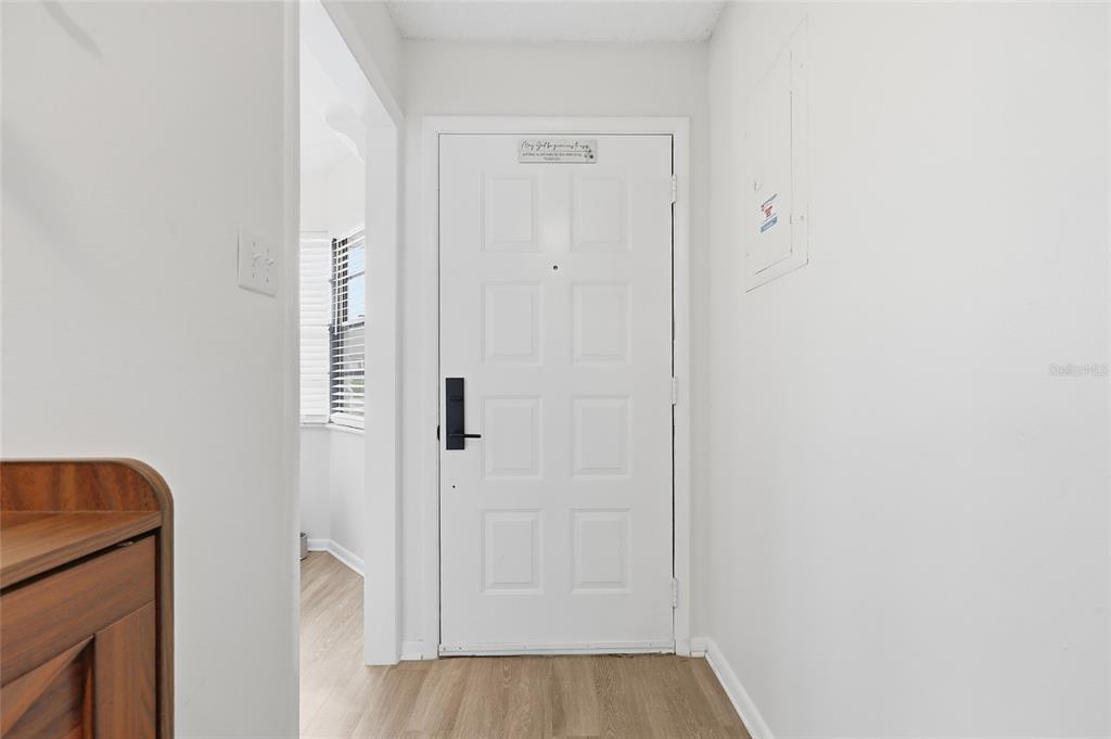 A white front door with a black handle is centered in a bright entryway — 250 HOMEWOOD AVENUE UNIT 11A, DEBARY, FL