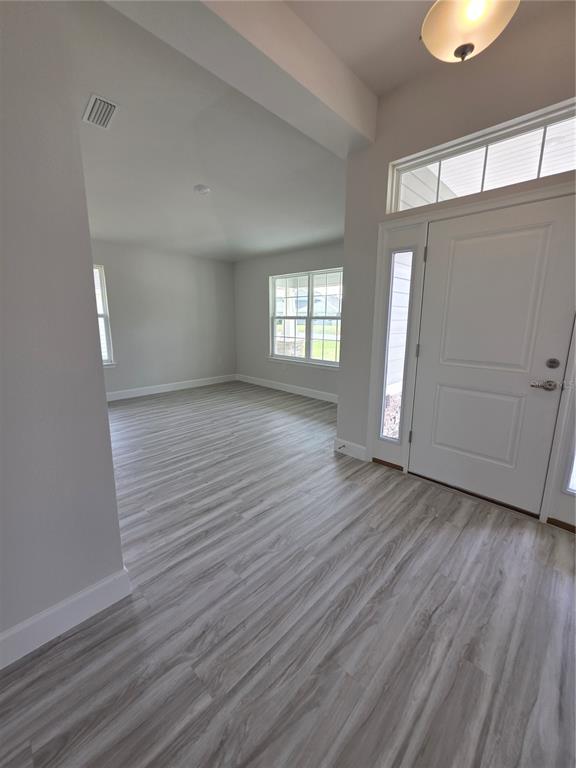 An entryway with light wood-look flooring leads into an open room with large windows — 461 SW BELLFLOWER DRIVE, LAKE CITY, FL