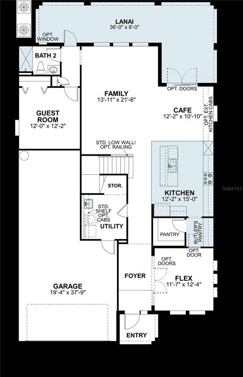 This is a floor plan for a single-story home featuring a garage, lanai, and open-concept living — 5785 FREESIA DRIVE, LAKELAND, FL