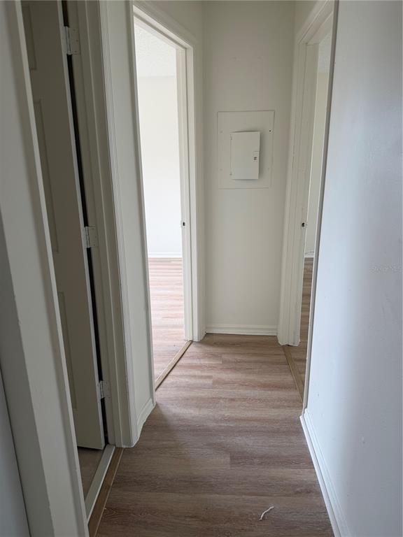 A living room with light wood-look flooring features a kitchen pass-through window — 295 COBALT DRIVE, KISSIMMEE, FL