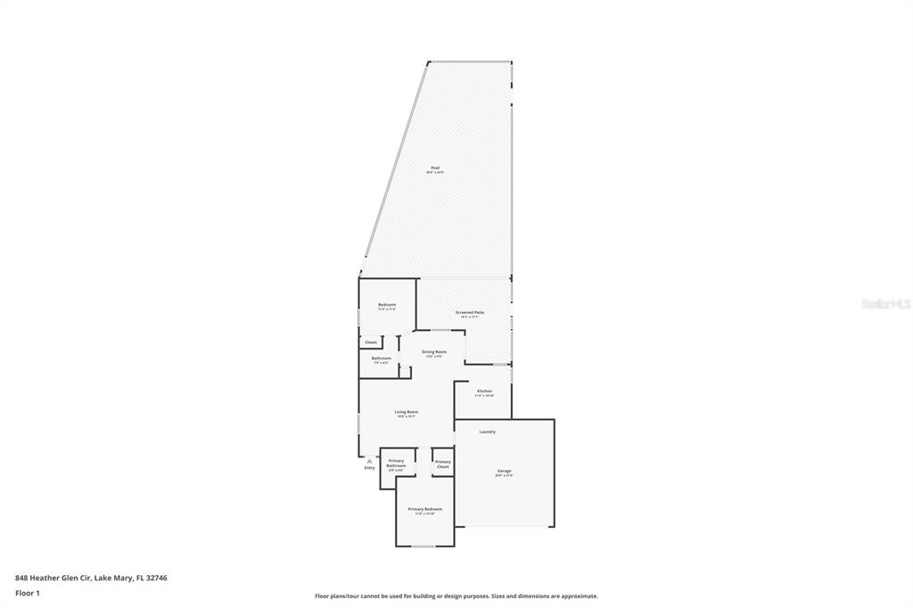 This is a floor plan showing a single-story house with a garage, pool, and patio — 848 HEATHER GLEN CIRCLE, LAKE MARY, FL