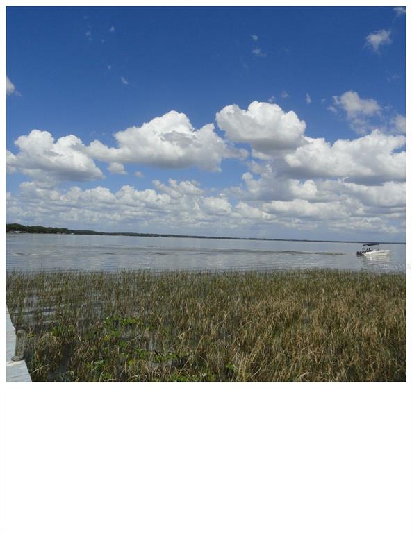 A view of a lake with tall grass in the foreground and a small boat — 34410 ISLAND DRIVE, LEESBURG, FL