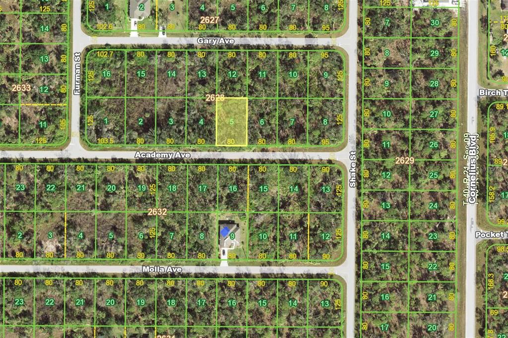 This is a satellite map showing residential land parcels and street layouts — 14476 ACADEMY AVENUE, PORT CHARLOTTE, FL