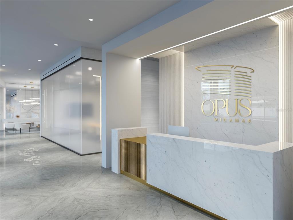 This is a rendering of a modern office lobby featuring a marble reception desk and wall — 611 BALDORIOTY DE CASTRO BOULEVARD UNIT 901, SAN JUAN, PR