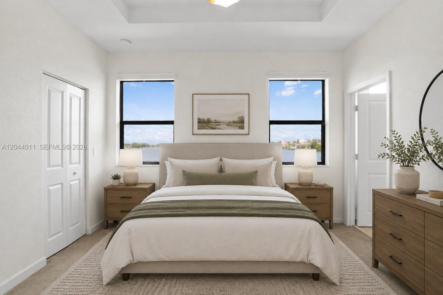 This is a digital rendering of a bedroom featuring a bed, two windows, and furniture — 20610 NE 5th Pl, Miami FL 33179, MIAMI, FL
