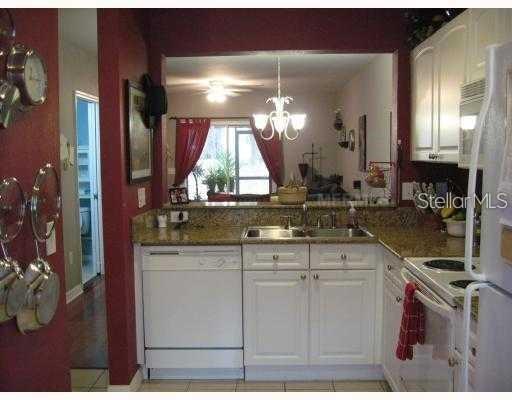 A kitchen with white cabinets, granite countertops, and a pass-through window overlooking a living area — 4169 PLANTATION COVE DRIVE, ORLANDO, FL