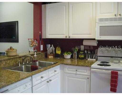 A kitchen features white cabinets, granite countertops, a double sink, and a white electric stove — 4169 PLANTATION COVE DRIVE, ORLANDO, FL
