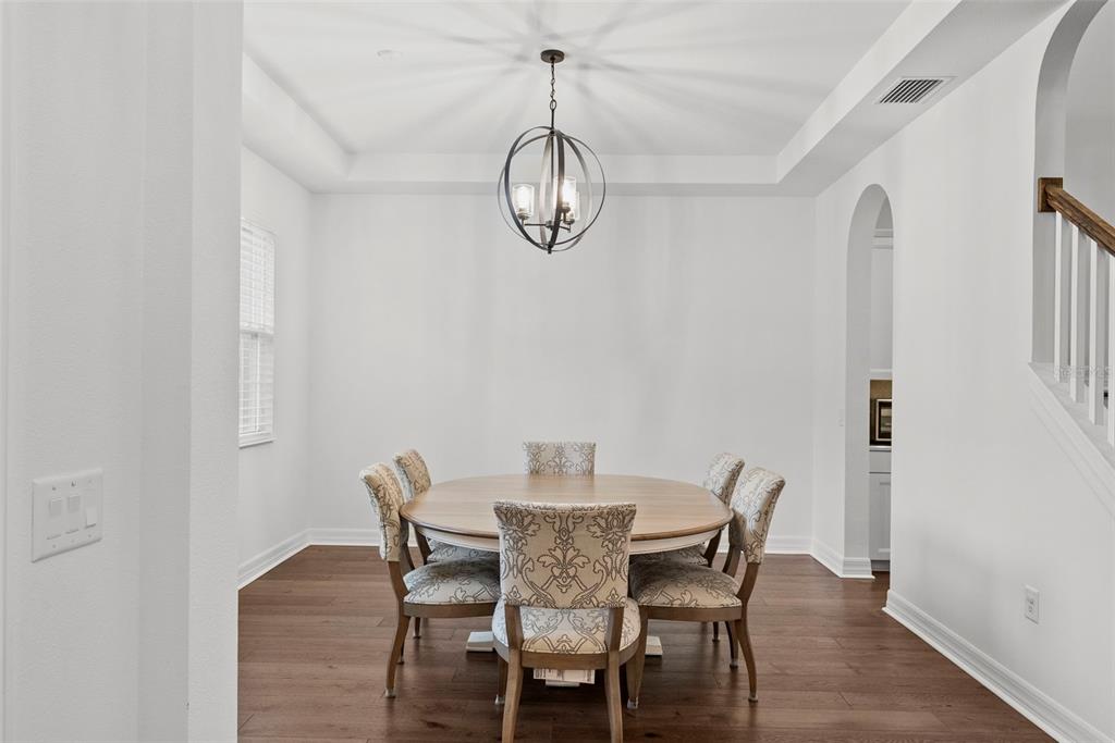 A dining room features a round wooden table, patterned chairs, and a metal orb chandelier — 2608 MEADOW GRANGE LANE, LUTZ, FL