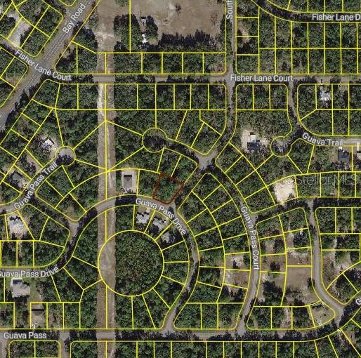 This is an aerial map showing a vacant residential lot outlined in red on a street — BLK 1261 LOT 16 SE FISHER LANE PLACE, OCKLAWAHA, FL