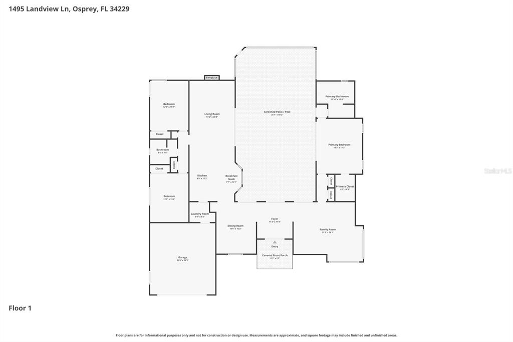 This is a floor plan for a single-story house with a garage, pool, and patio — 1495 LANDVIEW LANE, OSPREY, FL