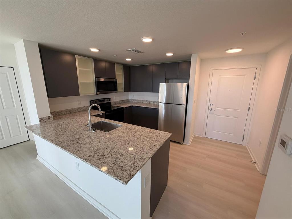 A kitchen features dark cabinetry, granite countertops, stainless steel appliances, and light wood-look flooring — 5587 MILLENIA PARK BOULEVARD UNIT 222, ORLANDO, FL