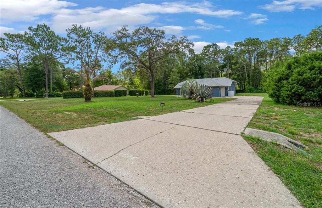 A concrete driveway leads to a house set back on a large, grassy, tree-filled lot — 1694 W PEARSON STREET, HERNANDO, FL