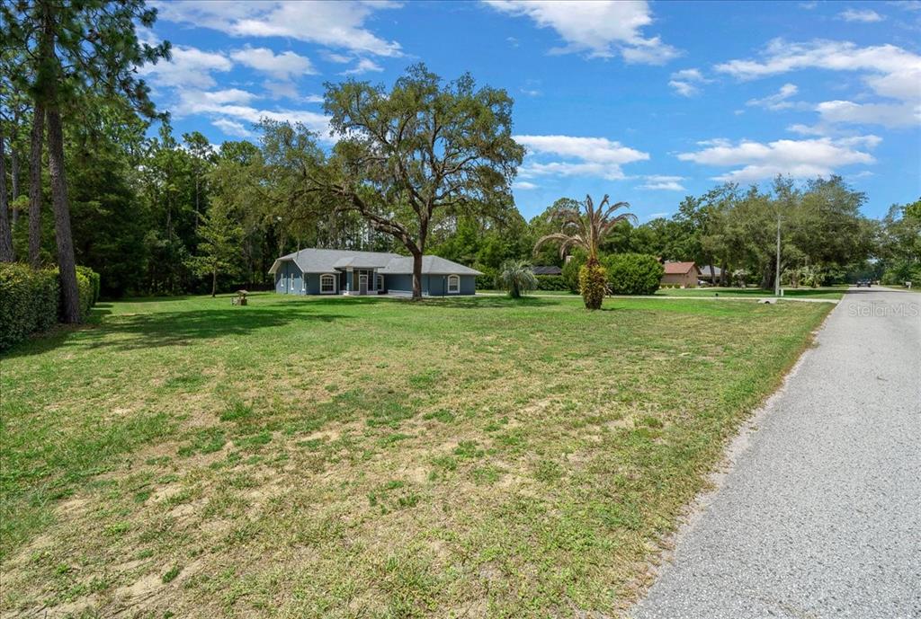 A single-story blue house sits on a large, grassy lot with mature trees — 1694 W PEARSON STREET, HERNANDO, FL