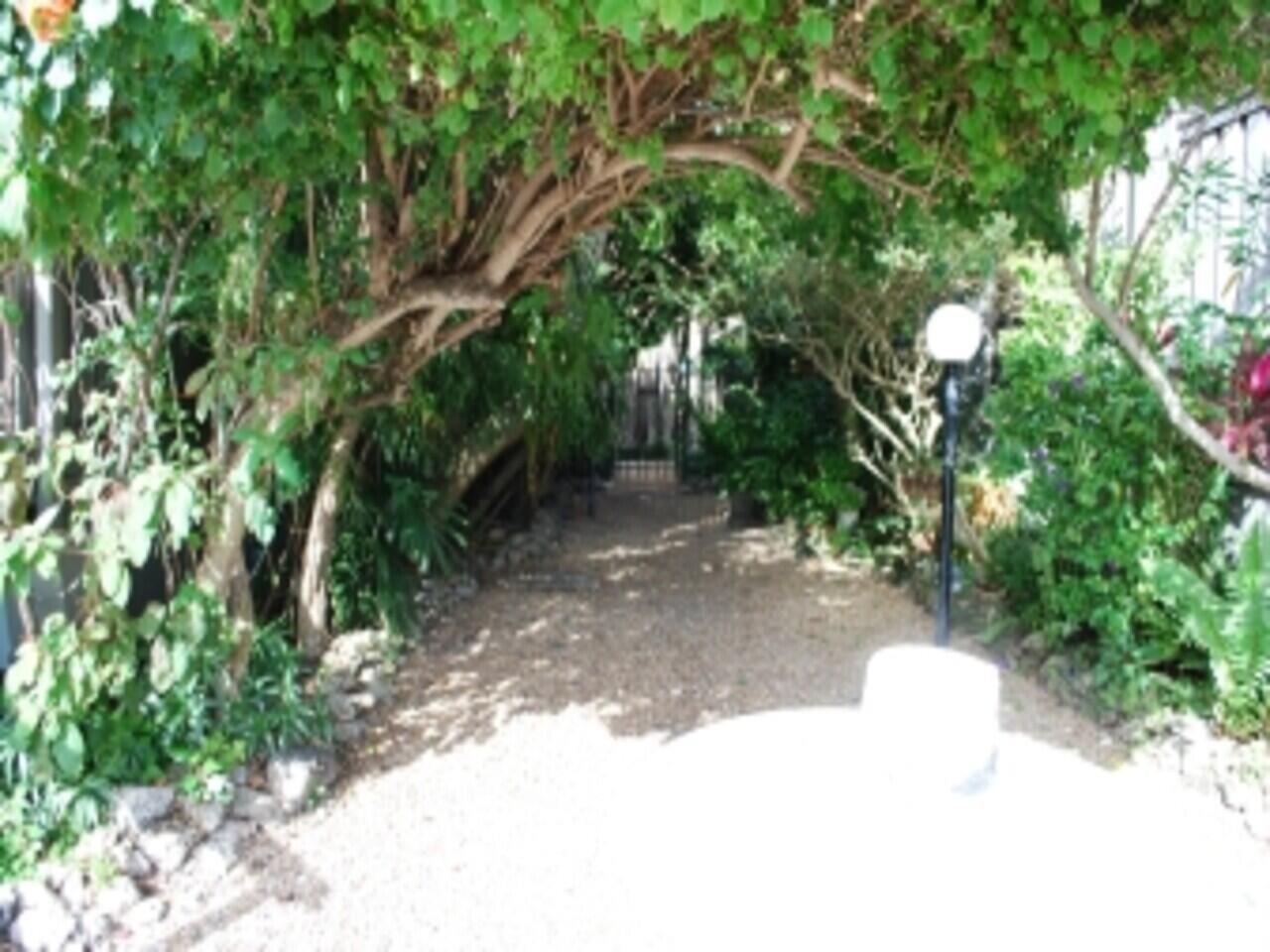 A gravel pathway leads through a lush, tree-covered garden toward a gate in the distance — 1000 NW N River Drive # 16, Miami FL 33136, MIAMI, FL