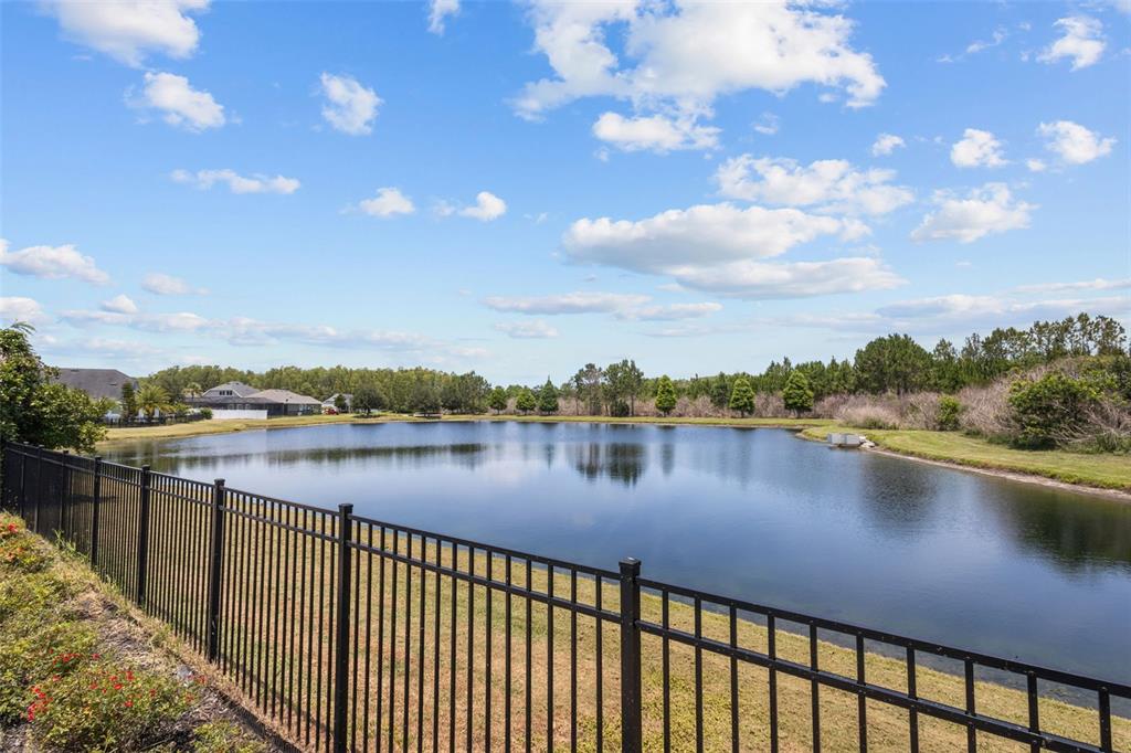 A black metal fence overlooks a calm pond surrounded by trees under a blue sky — 2903 LONG BOW WAY, ODESSA, FL