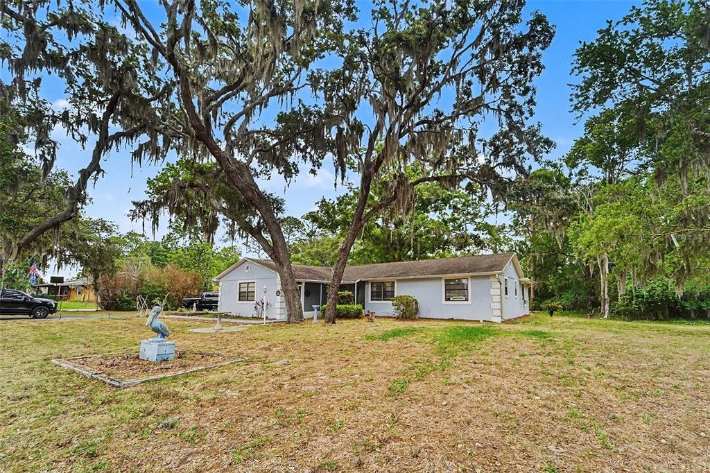 A light blue single-story house sits on a grassy lot under large, moss-draped oak trees — 13020 SUGAR CREEK BOULEVARD, HUDSON, FL