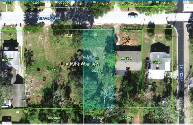 This is a map showing a vacant rectangular lot highlighted in blue between two houses — 309 WEAVER AVENUE, LAKE WALES, FL