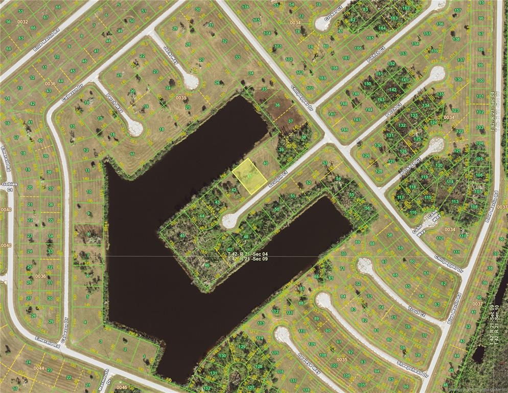 This is a satellite map showing residential lots surrounding a large central lake — 12501 SCULPIN COURT, PLACIDA, FL