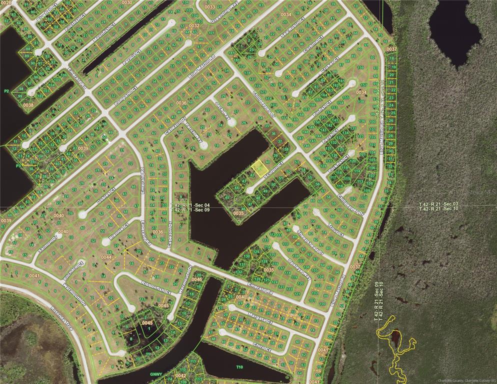 This is a map showing a residential neighborhood layout with streets, lots, and waterways — 12501 SCULPIN COURT, PLACIDA, FL